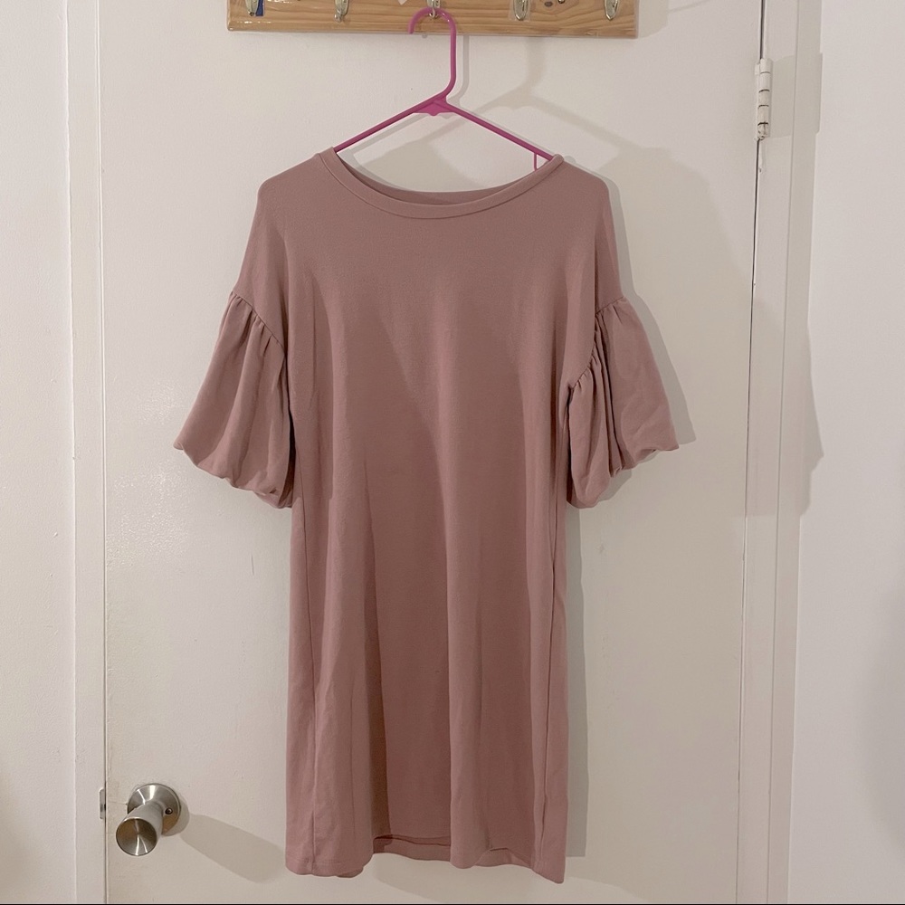 Dusty Rose Puff Sleeve T-Shirt Shift Dress